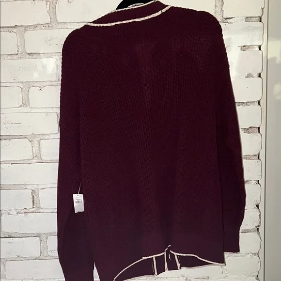 Old Navy Women's Maroon Button-Front Cardigan with Cream Trim - Picture 7 of 10